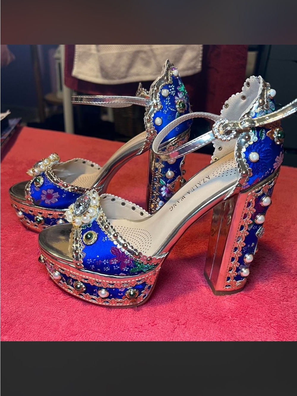 Bejeweled Royal Blue Platform Heels with Ankle Strap